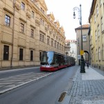 tram running down a Prague street